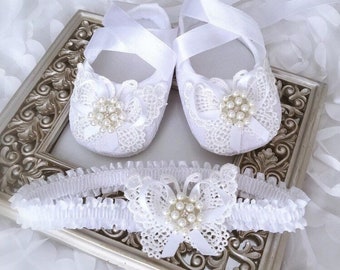 Girl White Bridal Christening Baptism Shoes Crochet Butterfly Pearl Rhinestones Set