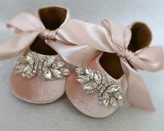 Pink Baby Girl Shoes, Dusty Pink Baby Shoes, Girl Velvet Shoes, 1st Birthday Shoes, Party Wedding Shoes, Baby Shower Gift, Rhinestone Shoes