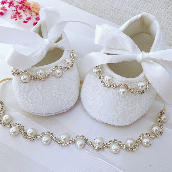Baby Christening Shoes in Off white/ivory Baby Baptism Shoes, Pearl Rhinestones, Tiara Headband, Rhinestone Headband, Baby Shower Gift