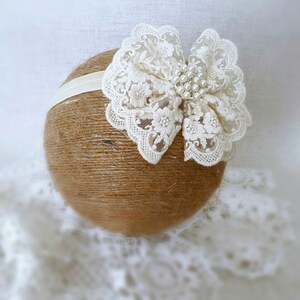 Baby Baptism Headband, Baby Lace Headband in Vintage Ivory, Baby Christening Headband with Lace Bow and Pearls, Baby Gift image 2