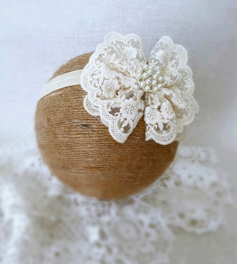 Baby Baptism Headband, Baby Lace Headband in Vintage Ivory, Baby Christening Headband with Lace Bow and Pearls, Baby Gift image 2