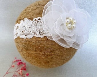 White Baptism Headband, Christening Headband, Big Flower Headband, Lace Headband with Pearls and Sequins, Flower Girl Headband