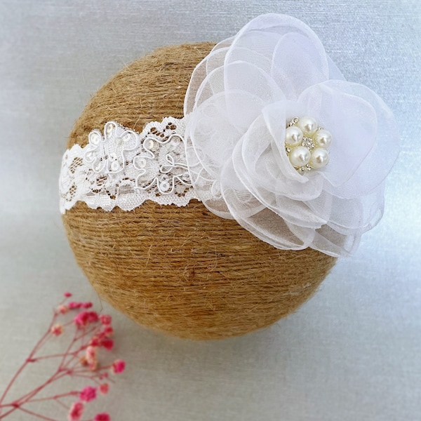 White Baptism Headband, Christening Headband, Big Flower Headband, Lace Headband with Pearls and Sequins, Flower Girl Headband