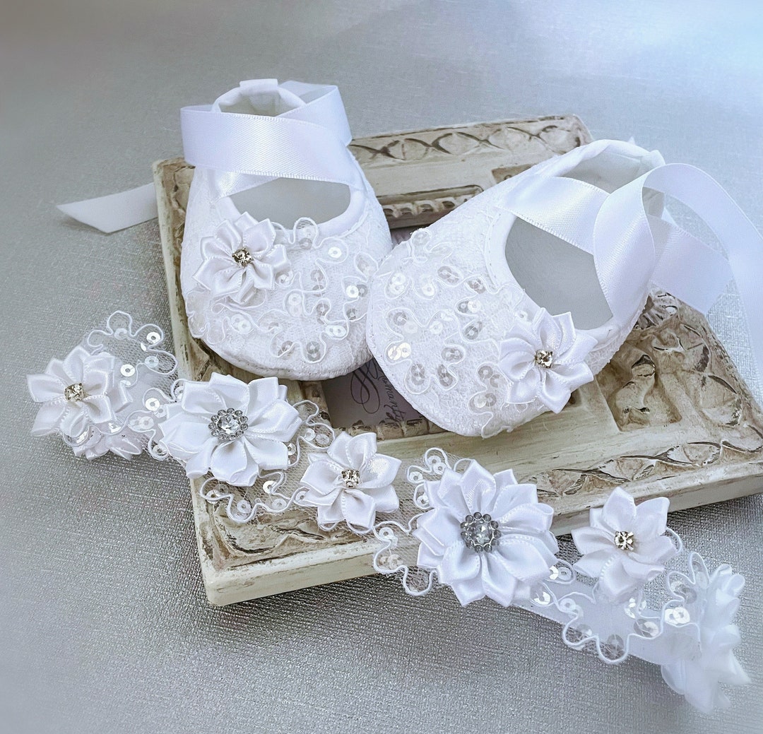Girl White Baptism Shoes, Girl White Christening Shoes and Headband