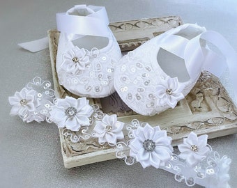 Girl White Baptism Shoes, Girl White Christening Shoes and Headband with Sequins, Satin Flowers with Zircons, Baby Shower Gift