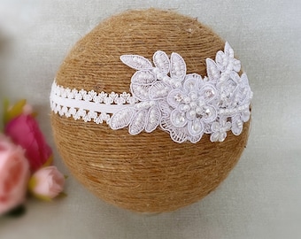 Baby Baptism Headband in White, Baby Christening Headband, Daisy Flowers with Pearls and Sequins, Lace Headband, Wedding Headband