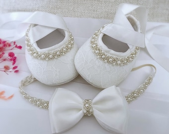 Baby Christening Shoes in OFF WHITE Baby Baptism Shoes with Pearls and Rhinestones, Satin Bow Headband with Pearls, Baby Shower Gift