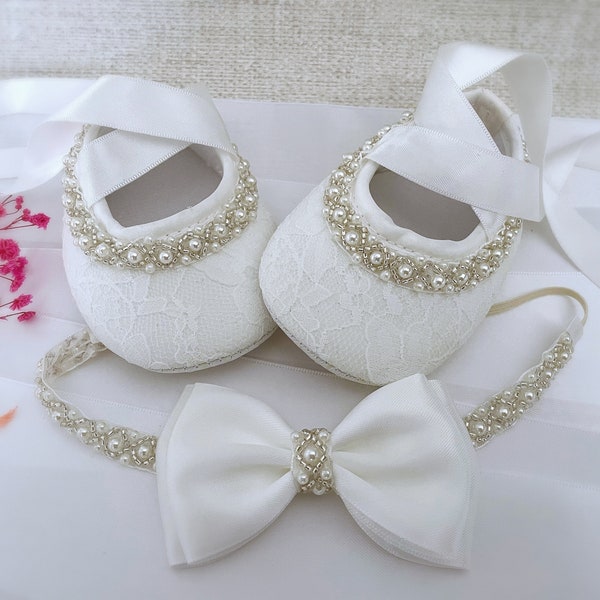 Baby Christening Shoes in OFF WHITE Baby Baptism Shoes with Pearls and Rhinestones, Satin Bow Headband with Pearls, Baby Shower Gift