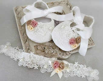 Girl Off White Christening Shoes, off White Baptism Shoes, Lace Headband with Roses and Pearls