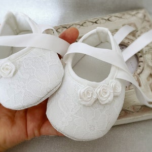 Girl Off White Christening Shoes, off White Baptism Shoes, Baptism Booties, Lace Headband with Chiffon Flower Pearls Satin Rose and Diamonds image 4