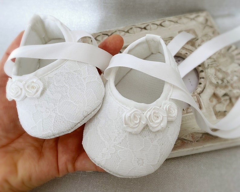 Girl Off White Christening Shoes, off White Baptism Shoes, Baptism Booties, Lace Headband with Chiffon Flower Pearls Satin Rose and Diamonds image 4