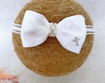 Baby Baptism Headband in PURE WHITE, Christening Headband with Satin Bow, Pearls and Sparkly Cross, Lace Band with Satin Bow