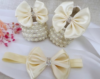 Ivory Baptism Shoes with Pearls and Rhinestones, Satin Bows Headband with Rhinestones, Ivory Christening Shoes and Headband, Sparkly Shoes