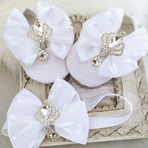 Girl White Christening Shoes Baptism Shoes Silver Crown Rhinestones Satin Bow Blink Headband Set