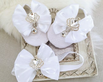 Girl White Christening Shoes Baptism Shoes Silver Crown Rhinestones Satin Bow Blink Headband Set