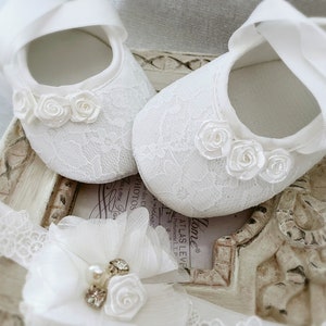 Girl Off White Christening Shoes, off White Baptism Shoes, Baptism Booties, Lace Headband with Chiffon Flower Pearls Satin Rose and Diamonds image 2