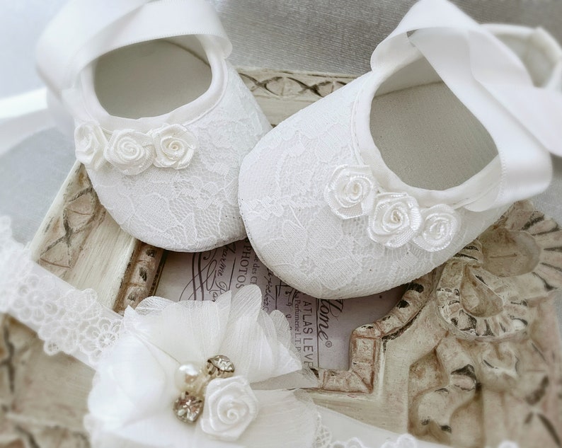 Girl Off White Christening Shoes, off White Baptism Shoes, Baptism Booties, Lace Headband with Chiffon Flower Pearls Satin Rose and Diamonds image 2