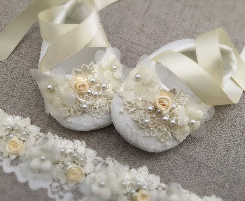 Girl Baptism Shoes, Girl Christening Shoes in Ivory, Crochet Leaves, Daisy Flower, Pearls, Lace Baptism Headband, Baby Shower Gift image 2