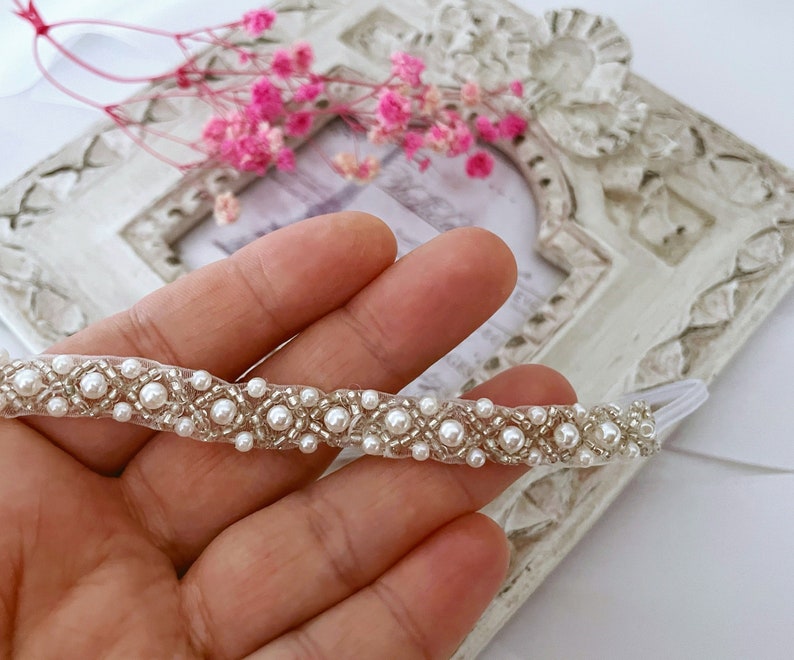 Baby Rhinestone Tiara in Off White, Baby Tiara Headband, Baptism Headband, Christening Headband, Newborn Lace Headband zdjęcie 8