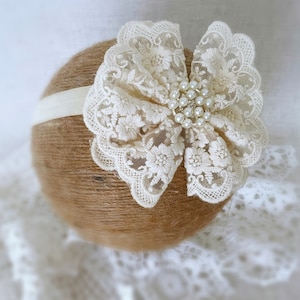 Baby Baptism Headband, Baby Lace Headband in Vintage Ivory, Baby Christening Headband with Lace Bow and Pearls, Baby Gift image 1