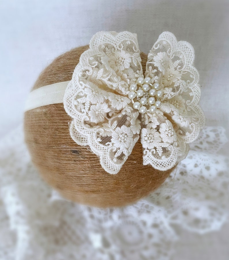 Baby Baptism Headband, Baby Lace Headband in Vintage Ivory, Baby Christening Headband with Lace Bow and Pearls, Baby Gift image 1