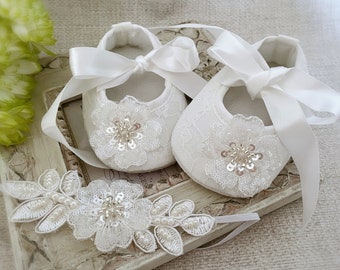 Baby Christening Shoes in OFF WHITE Baby Baptism Shoes with Pearls and Sequins, Daisy Flower Headband with Sequins, Pearls, Baby Shower Gift