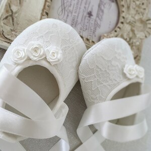 Girl Off White Christening Shoes, off White Baptism Shoes, Baptism Booties, Lace Headband with Chiffon Flower Pearls Satin Rose and Diamonds image 5