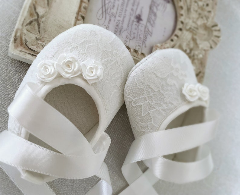 Girl Off White Christening Shoes, off White Baptism Shoes, Baptism Booties, Lace Headband with Chiffon Flower Pearls Satin Rose and Diamonds image 5