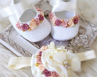 Girl Ivory Christening Baptism Shoes Satin Roses Rhinestones Pearls Rolled Flower Headband Chiffon Flower Rhinestones Set