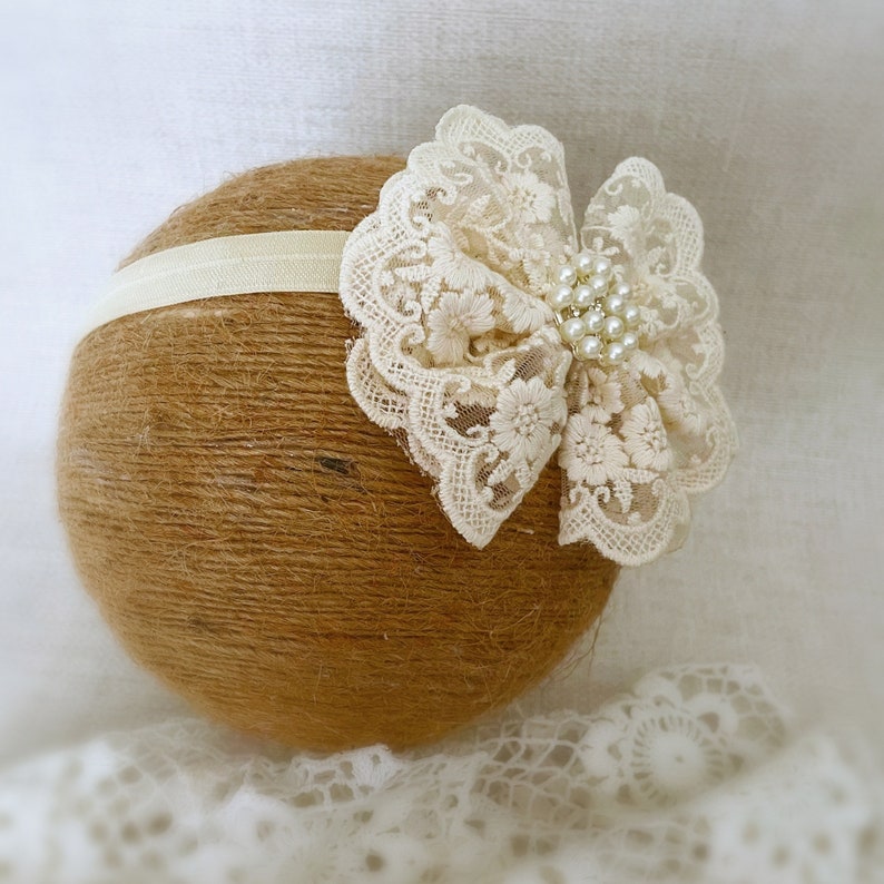 Baby Baptism Headband, Baby Lace Headband in Vintage Ivory, Baby Christening Headband with Lace Bow and Pearls, Baby Gift image 3