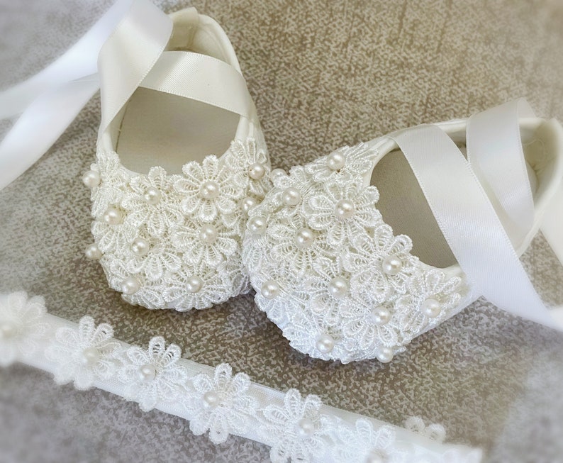 Baby Girl Off WhiteChristening Shoes, Bridal White Baptism Shoes, Lace Shoes with Daisy Flowers, Pearls and Rhinestones, Baby Shower Gift image 2