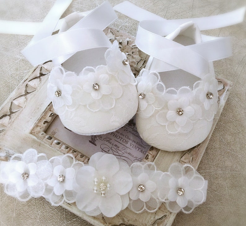 Christening Shoes in Off White, Baptism Shoes, Christening Booties, Baptism Booties, Daisy Flowers, Pearls, Zircons, Baby Shower Gift image 1