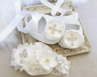 Baby Girl Baptism Shoes in OFF WHITE, Baby Christening Shoes with Cross, Lace Headband, Satin Flowers, Pearls and Zircons, Baby Gift