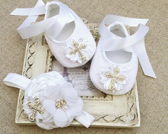 Girl White Baptism Shoes, Christening Shoes, Silver Rhinestones Cross, Satin Chiffon Flower, Satin Folded Flower Headband, Baptism Booties