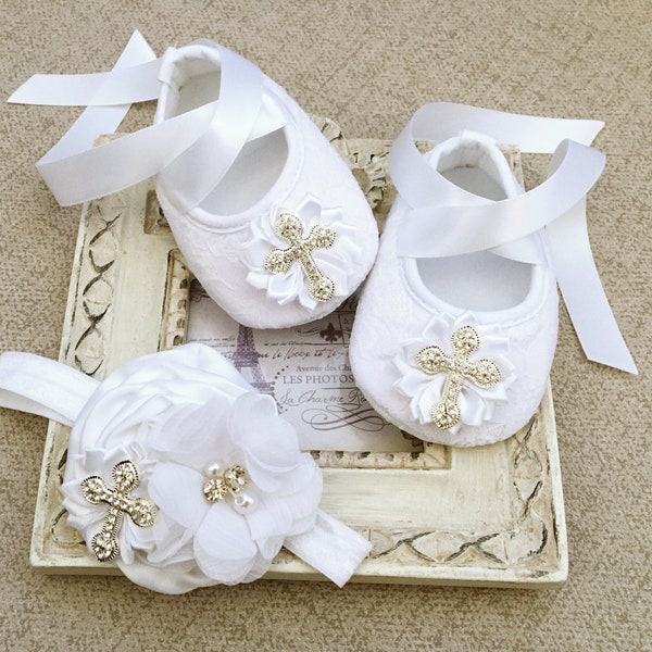 Girl White Baptism Shoes, Christening Shoes, Silver Rhinestones Cross, Satin Chiffon Flower, Satin Folded Flower Headband, Baptism Booties