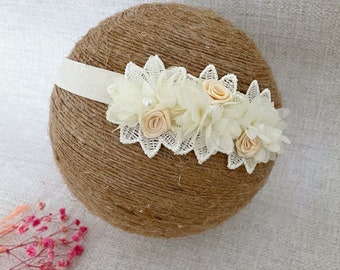 Ivory Baptism Headband, Ivory Christening Headband, Chiffon Flowers, Crochet Leaves, Pearls, Mini Satin Roses Headband, Newborn Headband