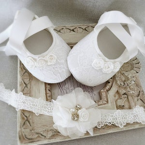 Girl Off White Christening Shoes, off White Baptism Shoes, Baptism Booties, Lace Headband with Chiffon Flower Pearls Satin Rose and Diamonds image 1