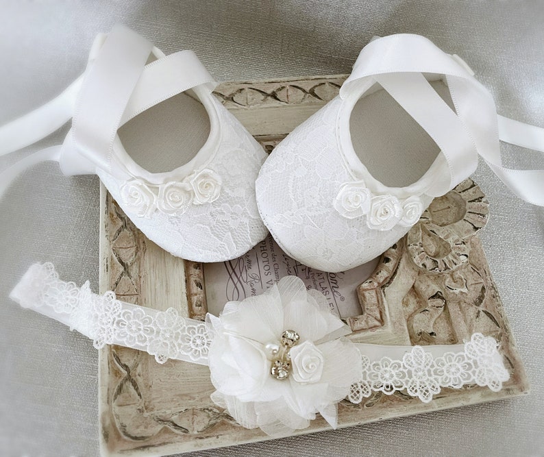 Girl Off White Christening Shoes, off White Baptism Shoes, Baptism Booties, Lace Headband with Chiffon Flower Pearls Satin Rose and Diamonds image 1