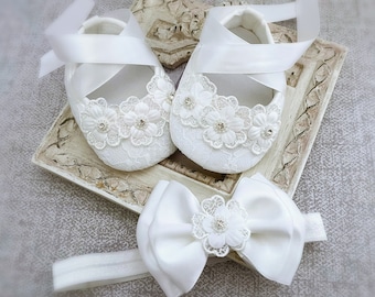 Girl Baptism Shoes, Girl Christening Shoes in Off White, Lace Daisy Flowers with Zircons, Satin Bow Baptism Headband, Baby Shower Gift
