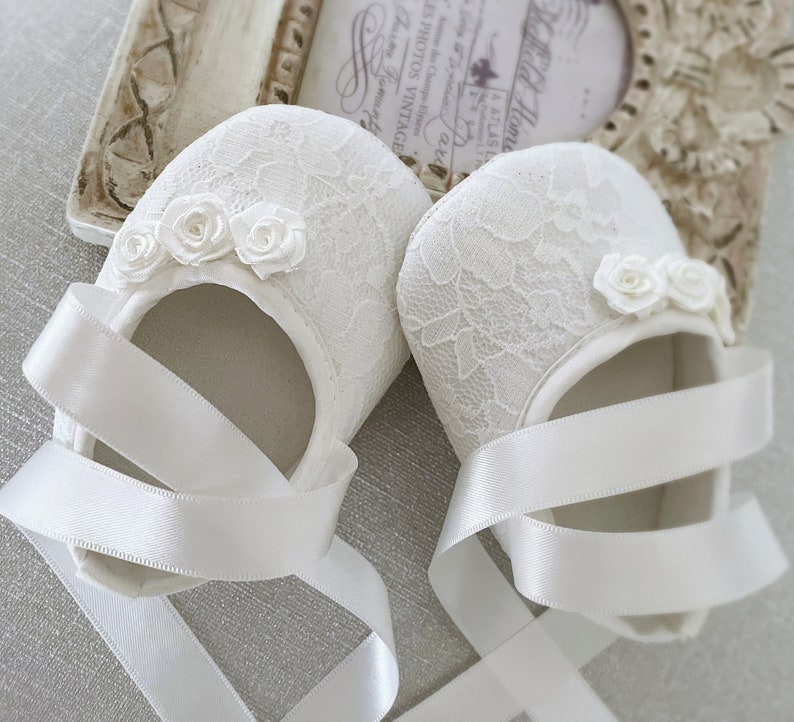 Girl Off White Christening Shoes, off White Baptism Shoes, Baptism Booties, Lace Headband with Chiffon Flower Pearls Satin Rose and Diamonds image 3