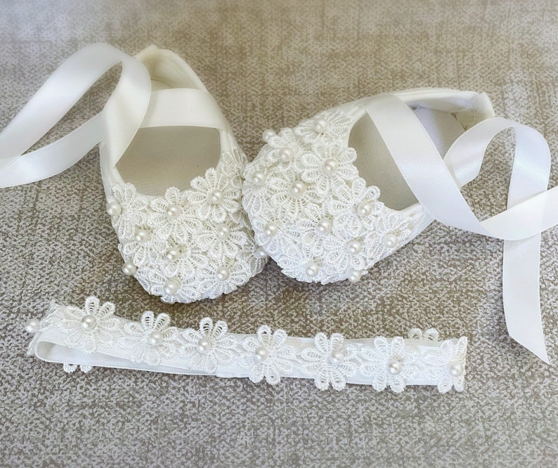 Baby Girl Off WhiteChristening Shoes, Bridal White Baptism Shoes, Lace Shoes with Daisy Flowers, Pearls and Rhinestones, Baby Shower Gift image 1