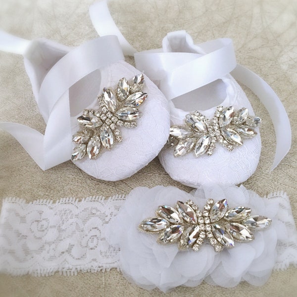 Girl White Baptism Shoes, Christening Shoes and Lace Headband with Rhinestones and Chiffon Flowers, Baby Shower Gift, New Baby Gift
