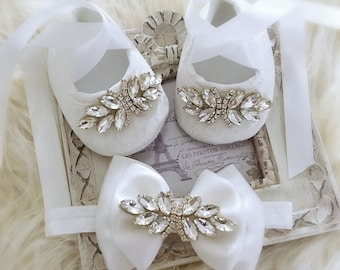 Girl Off White Christening Baptism Shoes Chiffon Flowers Rhinestones Headband Set