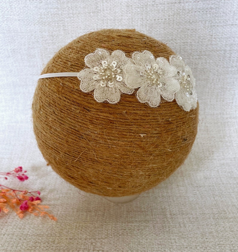 Baby Baptism Headband with Sequins Flower in Off White, Baby Christening Headband, Sparkly Flower Headband Wedding Headbnad Flower Girl Band image 2