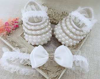 White Baptism Shoes with Pearls and Rhinestones, Pearl Shoes, Sparkly Shoes, Baptism Booties, Christening Booties, Bow baptism Headband