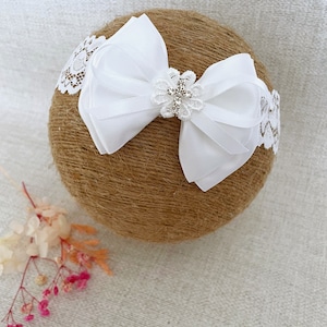 Baby Baptism Headband in PURE WHITE, Christening Headband with Satin Bow and Cross, Lace Bow Headband, Big Bow Headband