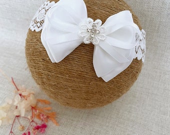 Baby Baptism Headband in PURE WHITE, Christening Headband with Satin Bow and Cross, Lace Bow Headband, Big Bow Headband