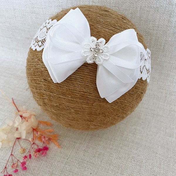 Baby Baptism Headband in PURE WHITE, Christening Headband with Satin Bow and Cross, Lace Bow Headband, Big Bow Headband