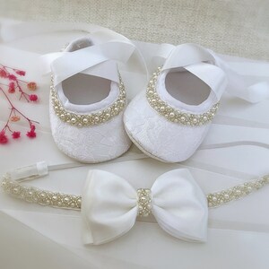 Baby Christening Shoes in PURE WHITE Baby Baptism Shoes with Pearls and Rhinestones, Satin Bow Headband with Pearls, Baby Shower Gift image 6