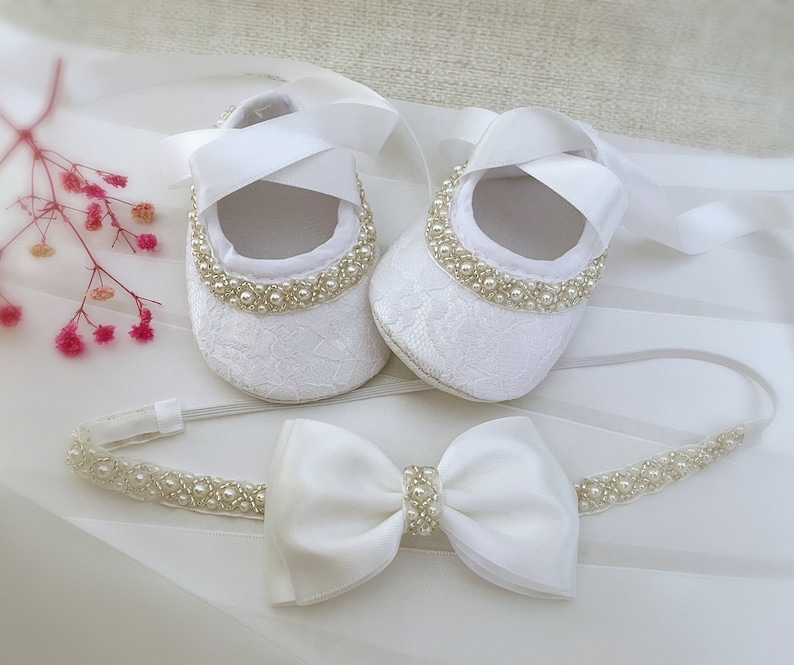 Baby Christening Shoes in PURE WHITE Baby Baptism Shoes with Pearls and Rhinestones, Satin Bow Headband with Pearls, Baby Shower Gift image 6